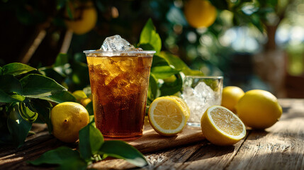Clear plastic cup filled with iced sweet lemon beverage with textured surface, placed outdoors on rustic wooden surface with fresh lemons and greenery around