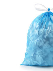 Fototapeta premium Close-up. A blue plastic bag with a white handle on a white background on the side. The bag is full of garbage.Advertisement