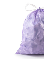 Fototapeta premium Close-up. Vertical photo of a purple tied trash bag filled with crumpled paper. Advertising, copyspace..