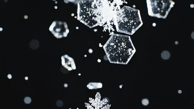 Extreme slow motion close-up of perfectly structured ice crystals drifting down against a deep dark background, emphasizing intricate geometric snowflake detail perfectly, slow, ice