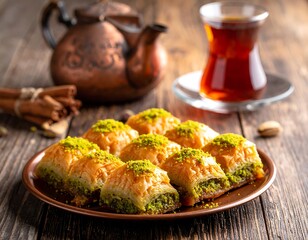 Close-up of baklava on a plate with tea, teapot, and spices
