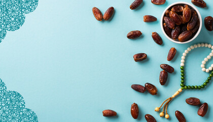 Dates, cup, prayer beads middle eastern theme for food, ramadan, islamic holiday, culture, traditional cuisine, spiritual practices graphic design projects.