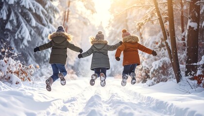 Three children in winter jackets joyfully jump in fresh snow-covered woods, arms outstretched. The scene is bright, with sunlight filtering through trees