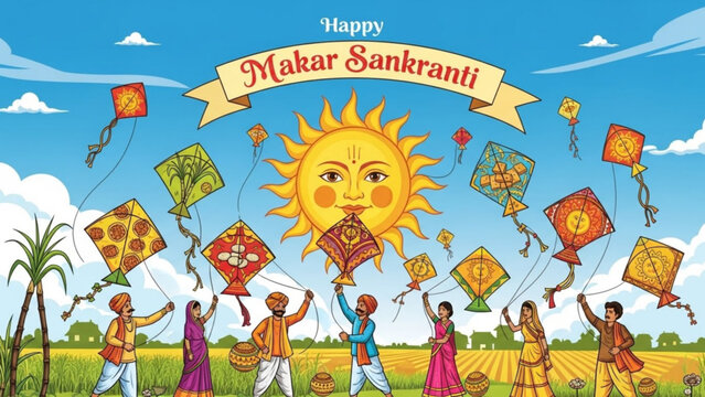 Happy Makar Sankranti celebration with people flying kites sun and sugarcane fields Indian festival 