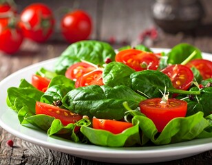 Close-up of a vibrant spinach and tomato salad in a white bowl