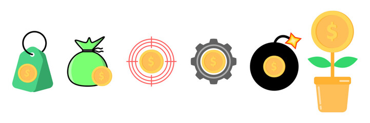 Finance and investment icon set featuring money bag, price tag, target coin, gear, bomb risk, and money growth plant. Concept of savings, profit, strategy, risk, and business growth.