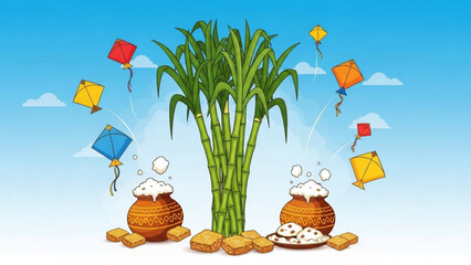 Sugarcane stalks with Pongal pots and kites traditional harvest festival celebration cultural illust