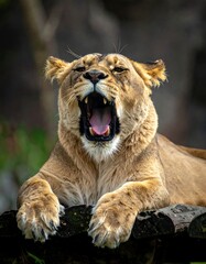 Close-up of a yawning lioness, brown fur and open mouth