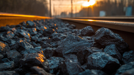 Close-animated movie view of dark, rough-textured coal stones on railway track with sunset in the background