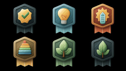 Energy efficiency badge set highlighting resource optimization goals, reduced-consumption messaging, environmental performance signals, sustainability commitment cues, and simplified visual style 