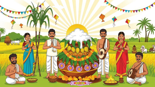 Pongal festival celebration with families sugarcane and traditional pot vector illustration for harv
