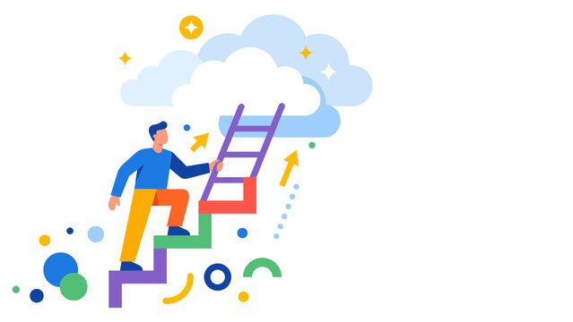 Person Climbing Stairs Toward Clouds Symbolizing Growth Ambition and Success