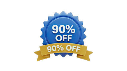 3D 90% Off Sale Discount Badge on transparent background