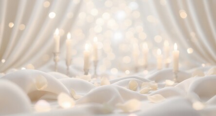 Serene ambiance with candles and rose petals in elegant white setting