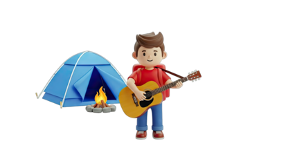 3D Cartoon Boy Playing Guitar at Campsite with Tent and Campfire on transparent background