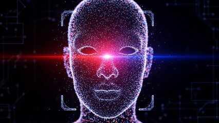 Digital human face composed of glowing particles, highlighted by facial recognition scan and data processing, symbolizing artificial intelligence and future technology.