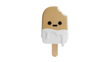 3D Cute bitten caramel ice cream bar with dripping white chocolate on transparent background