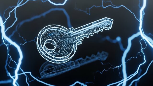 Digital key representing cybersecurity and data protection, featuring glowing circuit board patterns and electric lightning bolts for network security and access. - Powered by Adobe