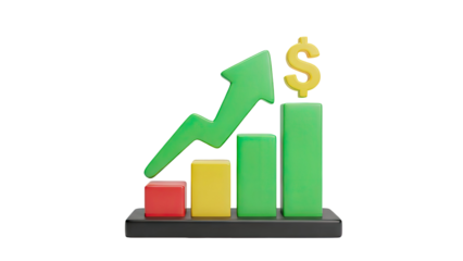 3D Financial Growth Chart with Dollar Sign and Upward Arrow on transparent background