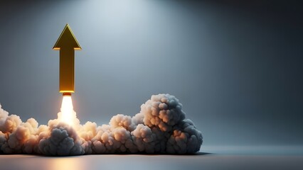 Rocket launch into the night sky with dramatic clouds and spotlight