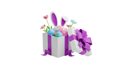 3D Easter Gift Box with Bunny Ears, Eggs and Flowers on transparent background