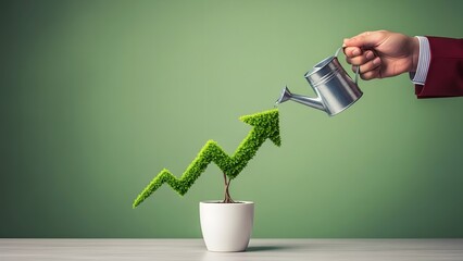 Business growth and investment concept with a plant growing in an upward arrow shape being watered by a suited hand