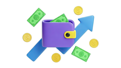 3D Financial growth concept with wallet, cash, coins and arrow on transparent background