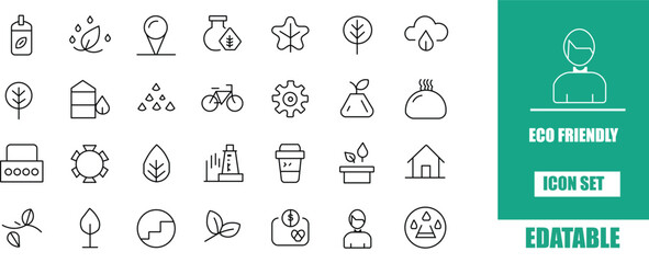 Collection of eco friendly icons representing sustainability and environmental conservation .Editable stroke. Vector illustration
