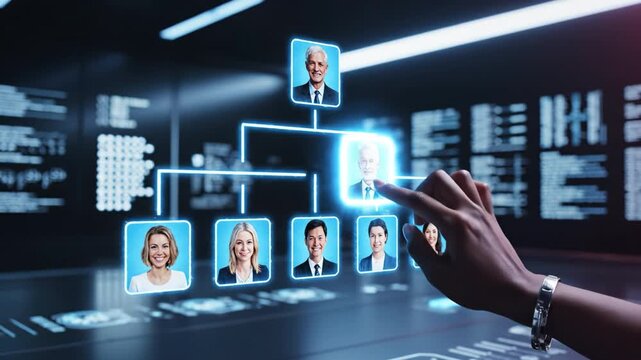 Digital organizational chart featuring diverse professional portraits with human resources leadership and business management futuristic digital interface showcasing advanced interaction and teamwork