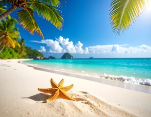 Tropical beach scene with starfish on white sand, turquoise water, blue sky, palm trees