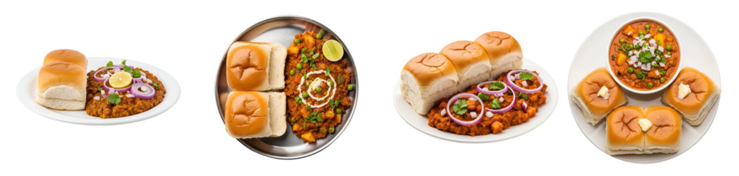 Four plates of pav bhaji with various toppings and arrangements on a plain surface view from above on transparent background