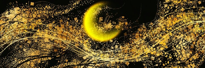 夜空の三日月背景と金銀砂子が輝く豪華,横長黒背景