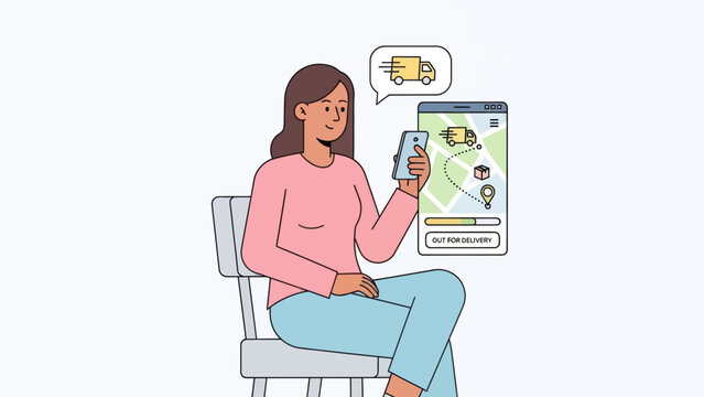 woman using mobile app for food delivery and navigation assistance