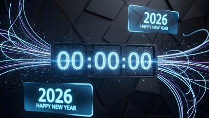 Futuristic 2026 New Year Countdown Digital Clock with Glowing Fiber Optics and Geometric Background
