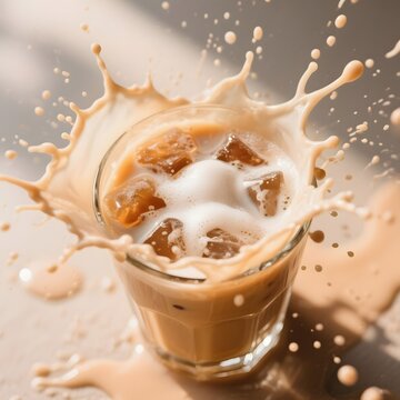 4k high quality Ai generative HD photo realistic menu selling drink cafe beverage organic soda background fresh roasted coffee splash exploding shake milk glass bubble boba tea pouring crushed