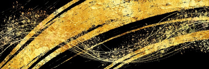 お正月背景風金箔ブラシストロークが輝く横長黒背景