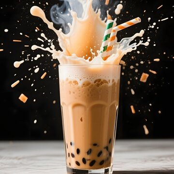 4k high quality Ai generative HD photo realistic menu selling drink cafe beverage background ice cold splash exploding shake milk simple glass white bubble boba coffee Thai tea caramel gula aren kopi