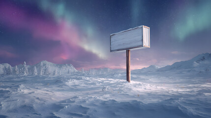 Festive yard sign mockup stuck in icy snow with northern lights in the sky
