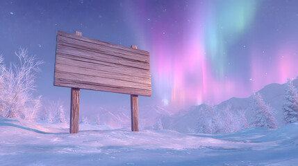 Festive yard sign mockup stuck in icy snow with northern lights in the sky