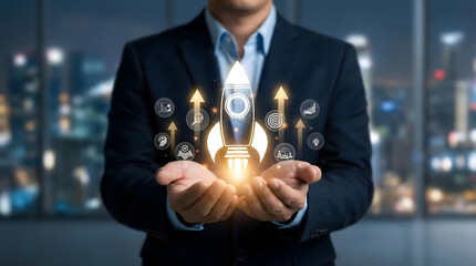 Confident,businessman,presenting,a,bright,shining,rocket,launch,with,icons,of,innovation,and,growth,symbolizing,the,start,of,a,new,successful,project,and,reaching,for,ambitious,goals.