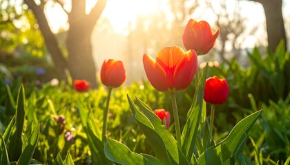 Sunny garden scene with vibrant red tulips illuminated by golden hour sunlight. Lush green leaves surround the blooming flowers