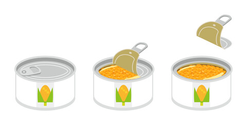 缶切り不要のトウモロコシの缶詰を開けるイラスト　ミニサイズ