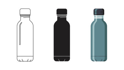 Set of three water bottles in different styles outline, silhouette and colored illustration