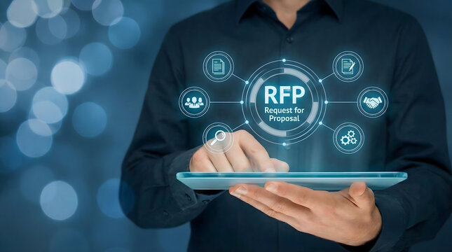 Businessman,holding,digital,tablet,displaying,request,for,proposal,RFP,concept,with,business,icons,modern,virtual,interface,process,selection,vendor,strategic,planning,and,professional,service - Powered by Adobe