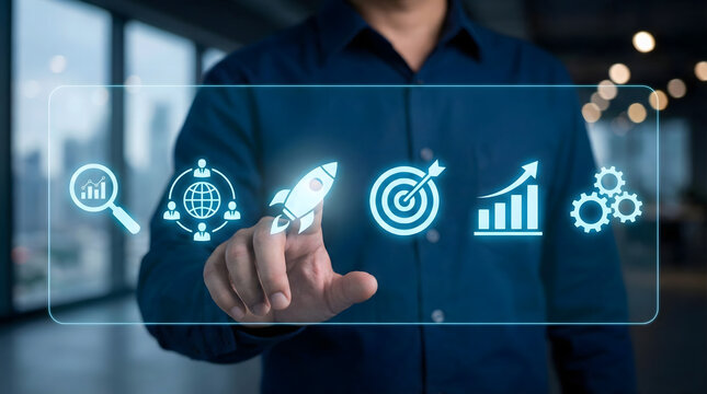 Businessman,pointing,at,digital,business,growth,strategy,icons,representing,market,analysis,global,startup,launch,target,achievement,and,efficiency,optimization,in,modern,corporate,environment - Powered by Adobe