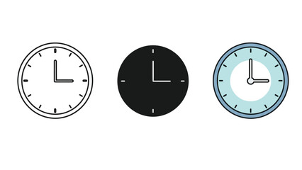 Set of three clock icons showing 3 oclock outline, solid black and colored styles