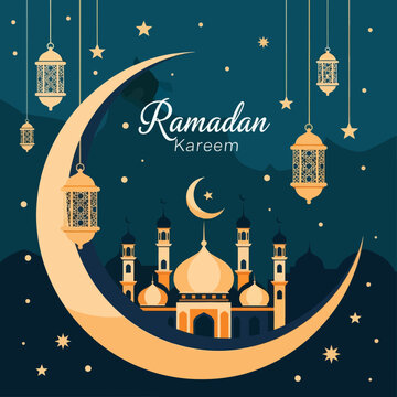 Ramadan Kareem illustration with a mosque silhouette inside a large crescent moon, hanging lanterns, and stars on a dark background. Elegant Islamic holiday greeting card and banner design.