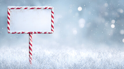 Festive yard sign mockup with frosty texture, candy cane border, and snowfall