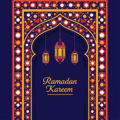 Elegant Ramadan Kareem background featuring an Islamic arch frame with geometric patterns and hanging lanterns. Traditional greeting card design for Muslim holiday celebrations.