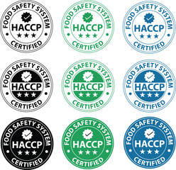 Obraz premium HACCP Hazard Analysis Critical Control Points. HACCP certified stamp. Food safety system round emblem. Food Safety system symbol. flat style.